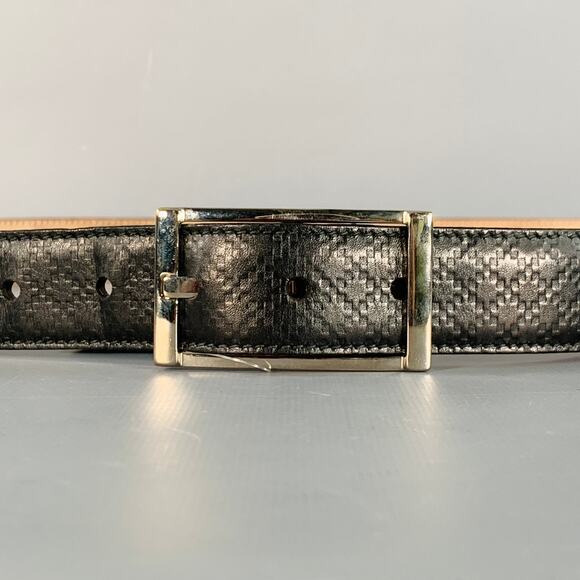 GUCCI Size 38 Black Silver Embossed Geometric Leather Belt - Picture 2 of 9